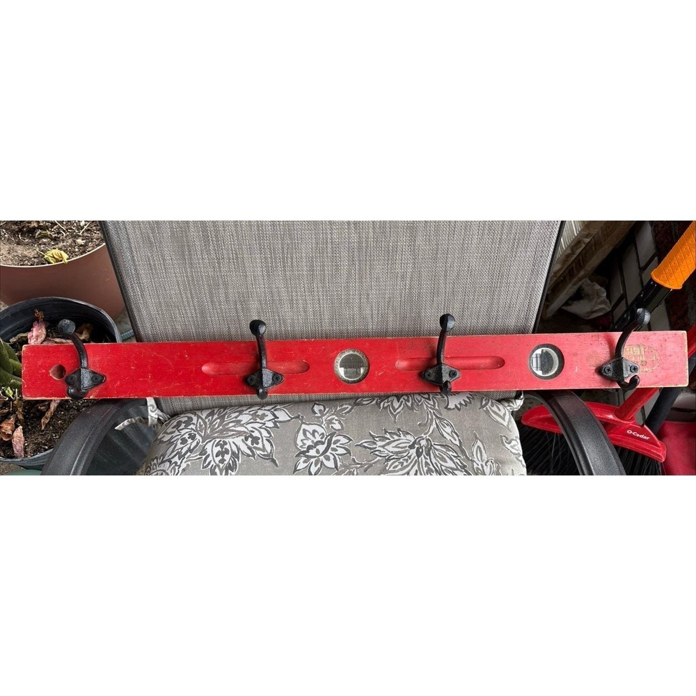 Vtg Handmade 8 Hook 30" Red Wood Coat Rack w/2 Levels Farmhouse Cabin Eclectic